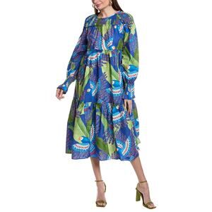 Farm Rio Macaw cotton long-sleeve blue midi dress size XS
